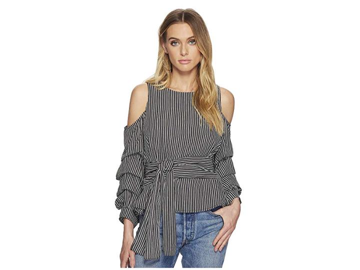 J.o.a. Striped Cold Shoulder Top With Ruched Sleeve (black Stripe) Women's Clothing
