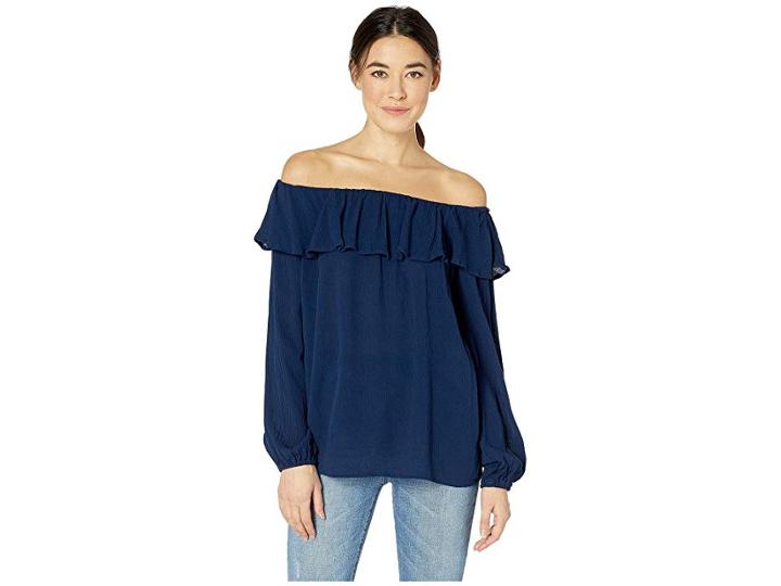 Bobeau Ruffle Rayon Top (navy) Women's Blouse