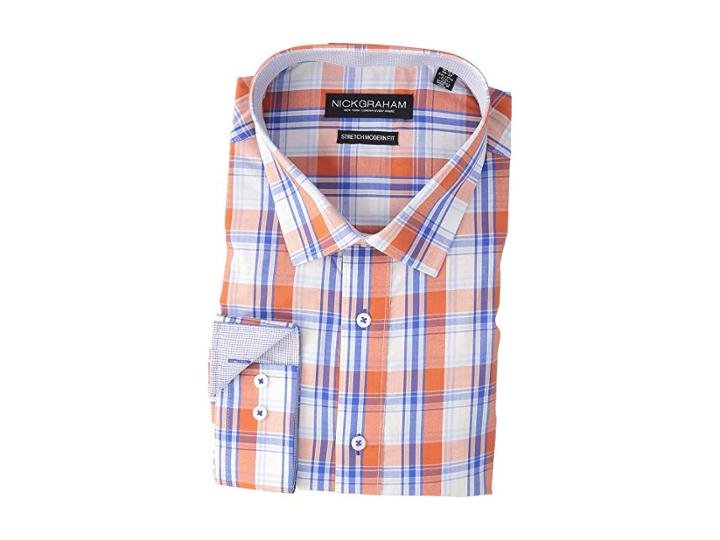 Nick Graham Yarn-dye Plaid Stretch Shirt (orange) Men's Long Sleeve Button Up