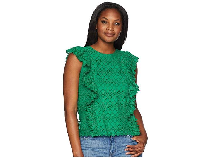 Lauren Ralph Lauren Eyelet Ruffled Cotton Top (tropical Green) Women's Clothing
