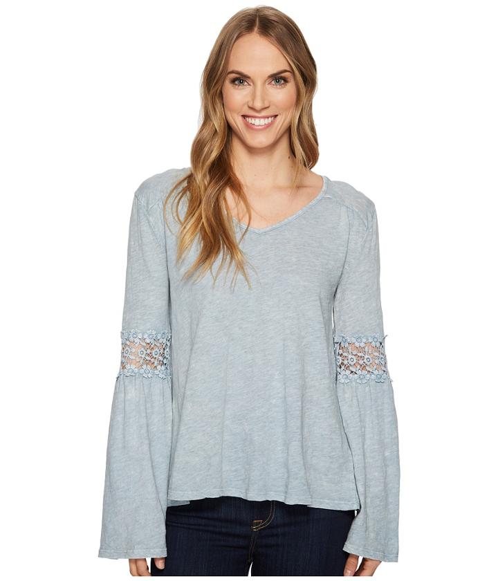 Dylan By True Grit Heather Vintage Slub V-neck Tee With Crochet Sleeve (denim) Women's T Shirt