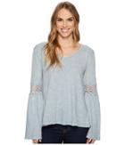Dylan By True Grit Heather Vintage Slub V-neck Tee With Crochet Sleeve (denim) Women's T Shirt
