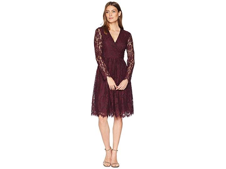 Alexia Admor Long Sleeve V-neck Fit Flare Dress (deep Burgundy) Women's Dress