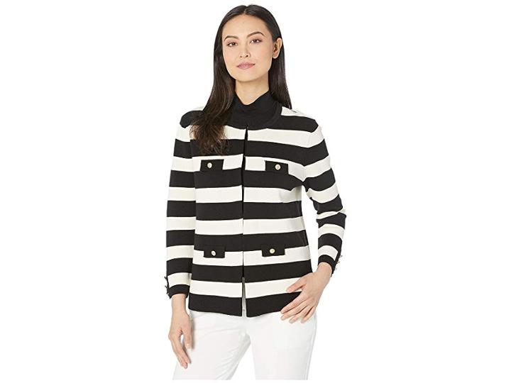 Anne Klein Striped Cardigan W/ Pocket Flaps (anne Black/anne White) Women's Clothing