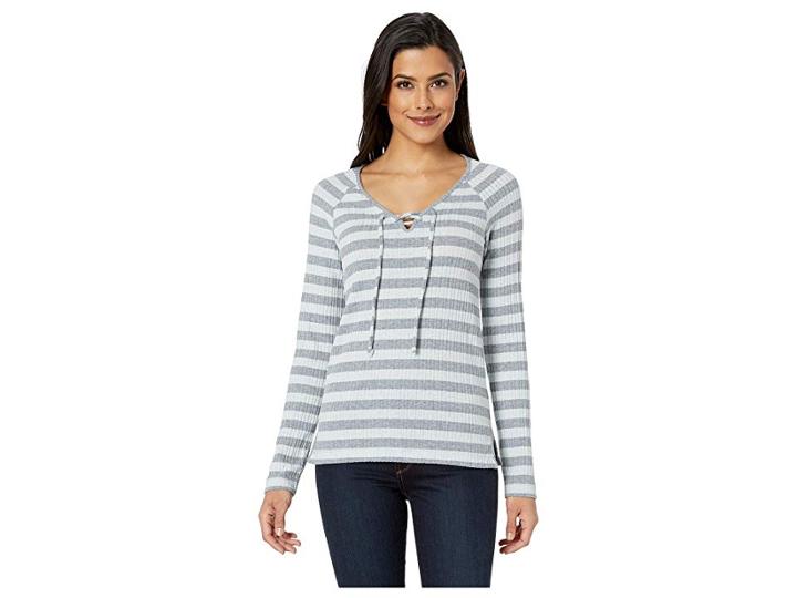Lucky Brand Stripe Lace-up Top (grey Stripe) Women's Long Sleeve Pullover
