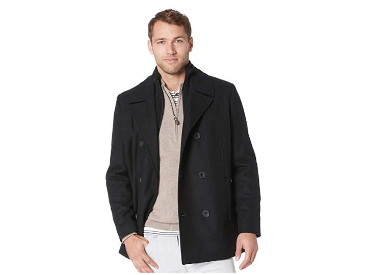 Kenneth Cole New York Double Breasted Wool Peacoat W/ Inner Vestie (black) Men's Coat