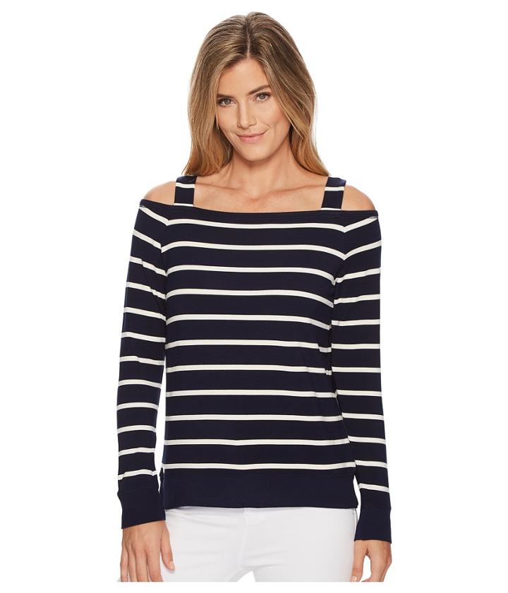 Lauren Ralph Lauren Striped Off The Shoulder Top (navy/mascarpone Cream) Women's Clothing