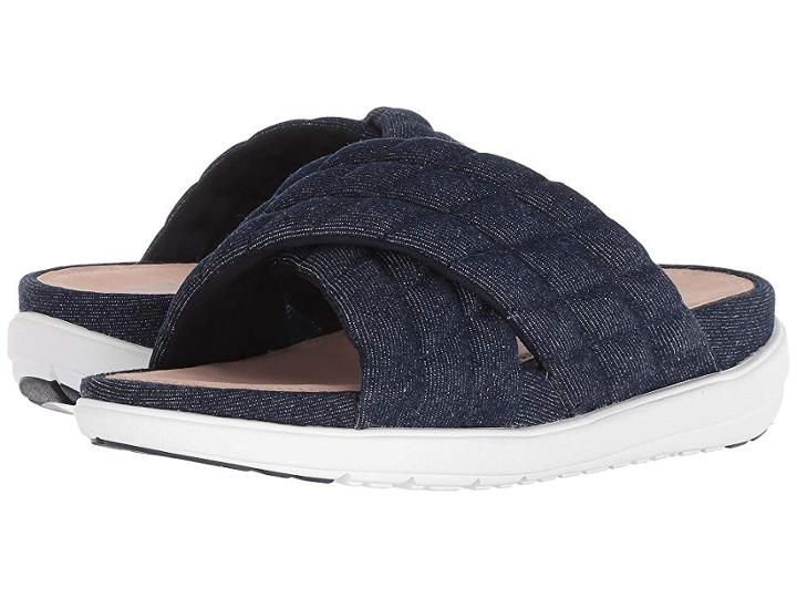 Fitflop Loosh Luxetm Cross Slide Leather Sandals (dark Blue Denim) Women's  Shoes