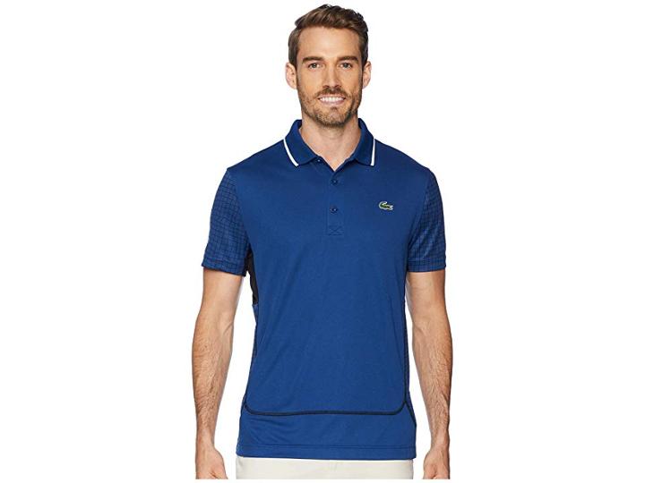 Lacoste Sport Short Sleeve Ultra Dry Net Print Color Block Polo W/ Flatlock Detail (inkwell/black/black/black) Men's Sweater