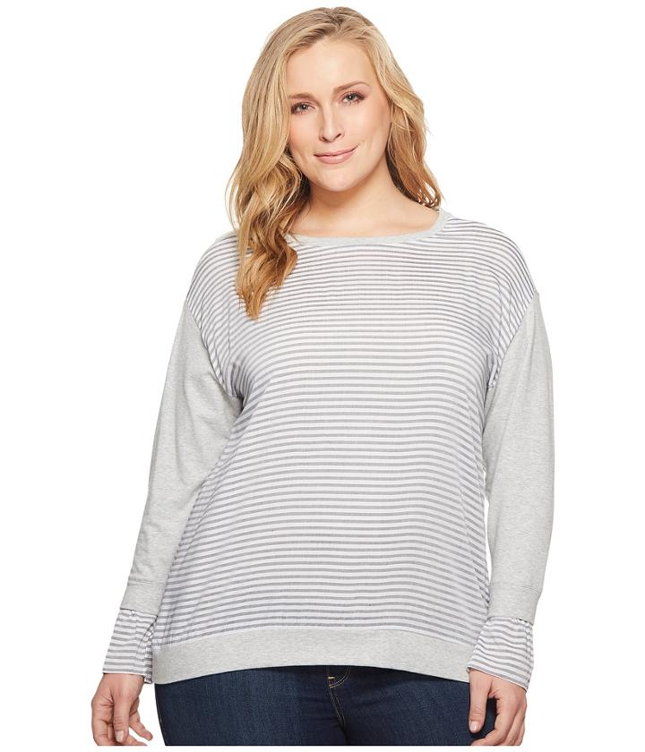 Two By Vince Camuto Plus Size Long Sleeve Yarn-dye Stripe Cuff French Terry Sweatshirt (grey Heather) Women's Sweatshirt