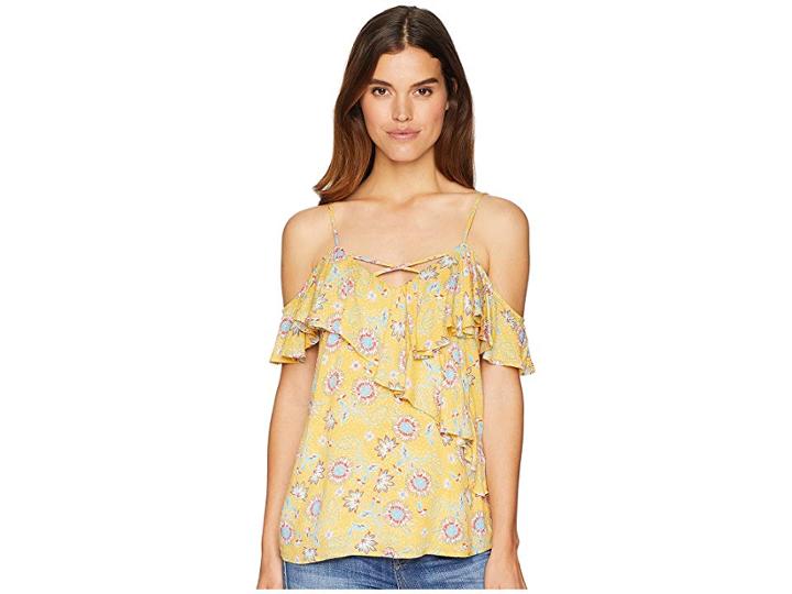 Miss Me Open Shoulder Floral Top (yellow) Women's Clothing