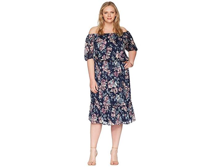 Adrianna Papell Plus Size Off Shoulder Blouson Burnout (navy Multi) Women's Dress