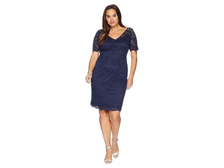 Adrianna Papell Plus Size Short Sleeve Stretch Lace Cocktail Dress With Scattered Beads (midnight) Women's Dress