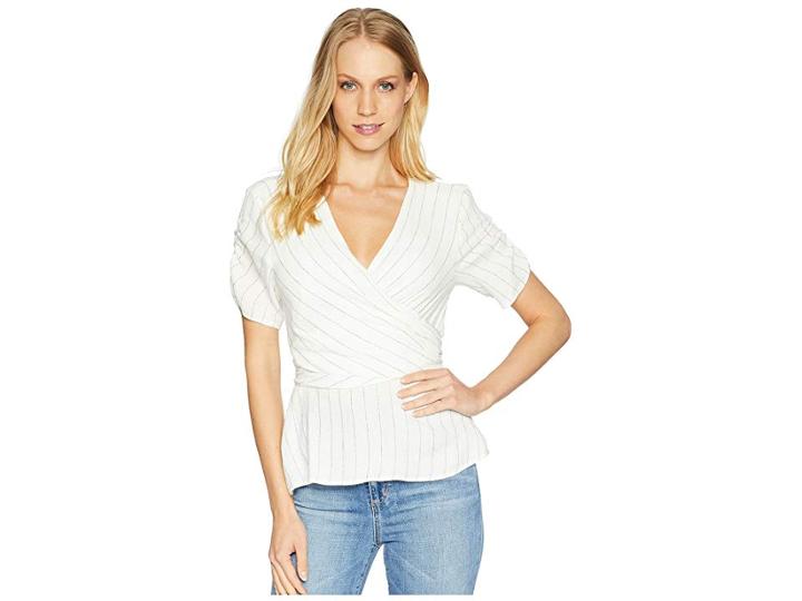 1.state Ticking Stripe Wrap Top W/ Tie Back (soft Ecru) Women's Blouse