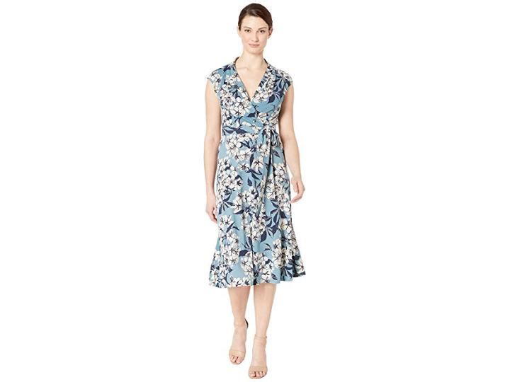 London Times Surplus Midi Dress W/ Self Sash (blue Multi) Women's Dress