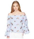 Romeo & Juliet Couture Off The Shoulder Bell Sleeve Shirt W/ Floral Embroidery (blue Multi) Women's Blouse