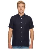 Lacoste Short Sleeve Solid Linen Button Down Collar Regular (navy Blue) Men's Short Sleeve Button Up