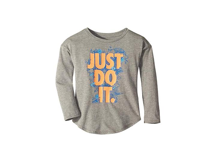 Nike Kids Doodle Just Do It Modern Long Sleeve Tee (little Kids) (dark Grey Heather) Girl's Clothing