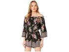 Angie Off The Shoulder Floral Print Romper W/ Waist Tie (black/rose) Women's Jumpsuit & Rompers One Piece