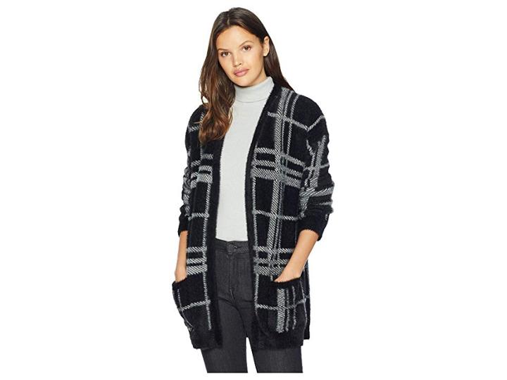 1.state Cozy Plaid Long Cardigan (rich Black) Women's Sweatshirt