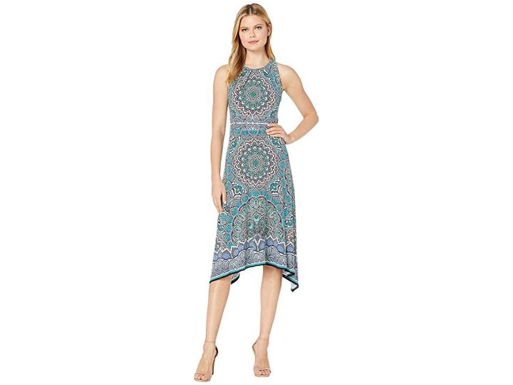 London Times High-low Pleat Neck (white/teal) Women's Dress