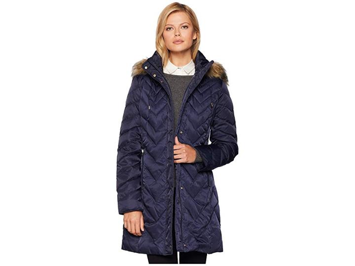 Marc New York By Andrew Marc Roxbury Matte Satin Down Fill Puffer 38 Faux Fur Trim Hood (ink) Women's Coat