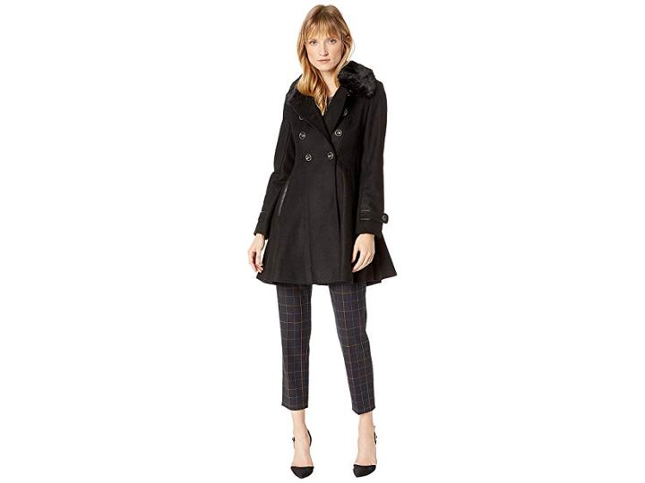 Via Spiga Double Breasted Faux Fur Club Collar Fit 'n Flare Coat (black) Women's Coat