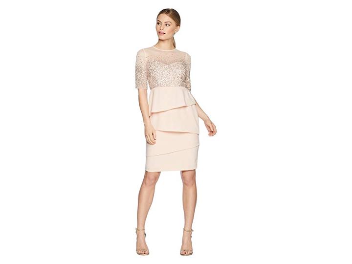 Adrianna Papell Petite 3/4 Sleeve Bead Bodice Cocktail Dress With Artichoke Crepe Skirt (blush) Women's Dress