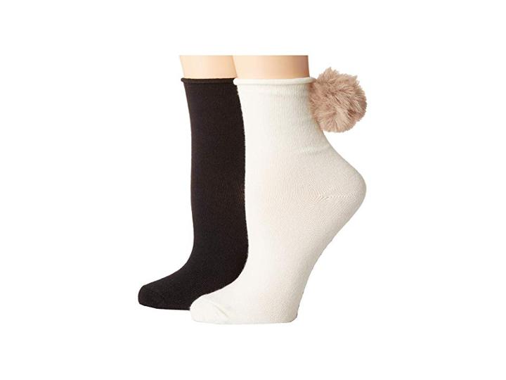 Steve Madden 2-pack Roll Top Anklet With Pom (off-white/black) Women's Crew Cut Socks Shoes