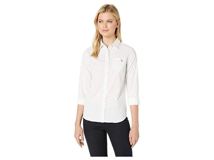 U.s. Polo Assn. Dot Stretch Poplin Blouse (optic White) Women's Clothing