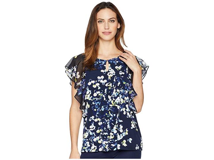 Ellen Tracy Mixed Media Sleeve Top (trellis Blossom/ink) Women's Blouse