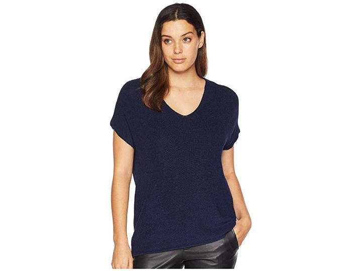 Anne Klein Short Sleeve Double V-neck Knit Top (marine Blue) Women's Clothing