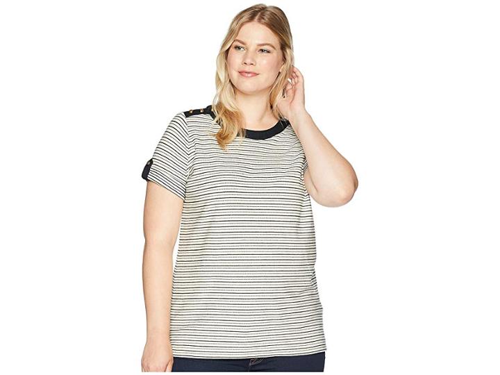 Lauren Ralph Lauren Plus Size Striped Button-shoulder Top (parchment/polo Black) Women's Clothing