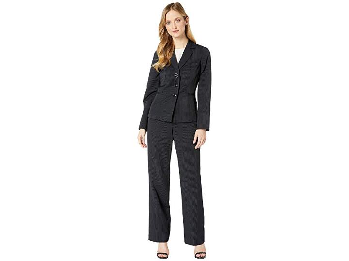 Le Suit Three-button Peak Lapel Stripe Pants Suit (black/blue) Women's Suits Sets