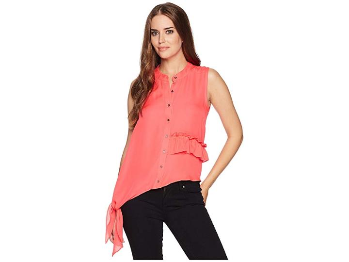 Nicole Miller Ruffle Sleeveless Top (neon Coral) Women's Sleeveless