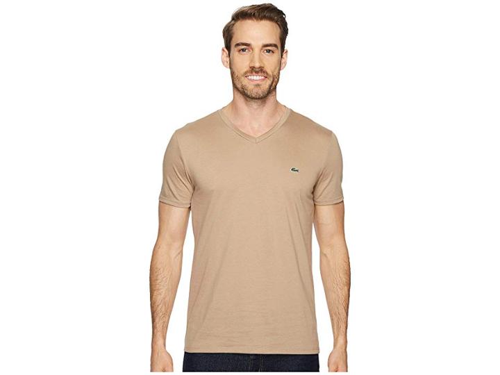 Lacoste Short Sleeve V-neck Pima Jersey Tee (kraft Beige) Men's T Shirt