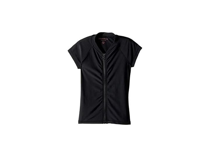 Seafolly Kids Summer Essentials Short Sleeve Zip Front Rashie (little Kids/big Kids) (black) Girl's Swimwear