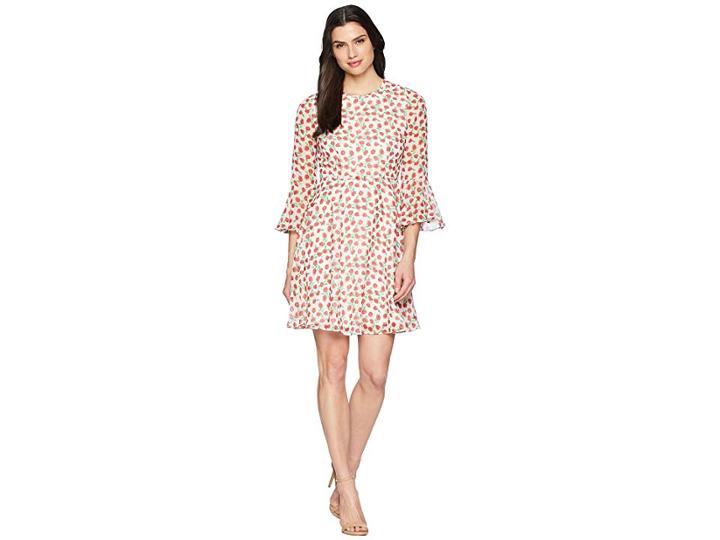 Donna Morgan Printed Chiffon Fit And Flare With Bell Sleeve (ivory/ruby Red Multi) Women's Dress