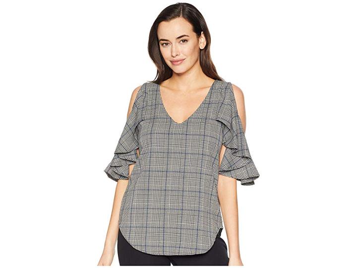 Karen Kane Ruffle Sleeve Top (plaid) Women's Clothing