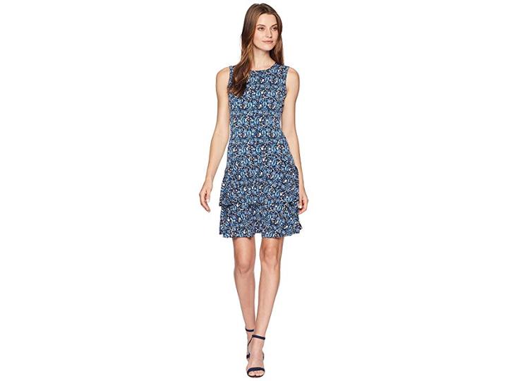Michael Michael Kors Woodblock Sleeveless Flounce Dress (true Navy/radiant Blue) Women's Dress