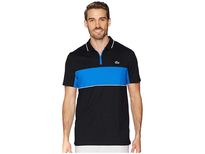 Lacoste Sport Short Sleeve Semi Fancy Color Block Golf Polo W/ Collar Zip (black/royal Blue/white) Men's Sweater