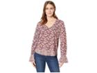 Lucky Brand Border Print Cinched Sleeve Top (red Multi) Women's Clothing