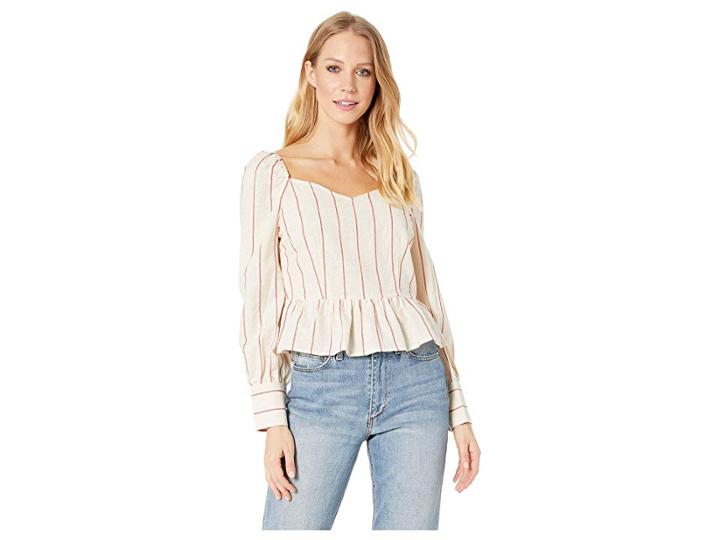 Moon River Long Sleeve Peplum Top (natural/red) Women's Clothing