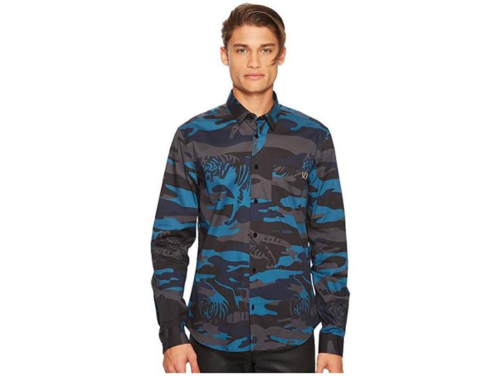 Versace Jeans Couture Tiger Camo Button Down (dark Blue) Men's Clothing