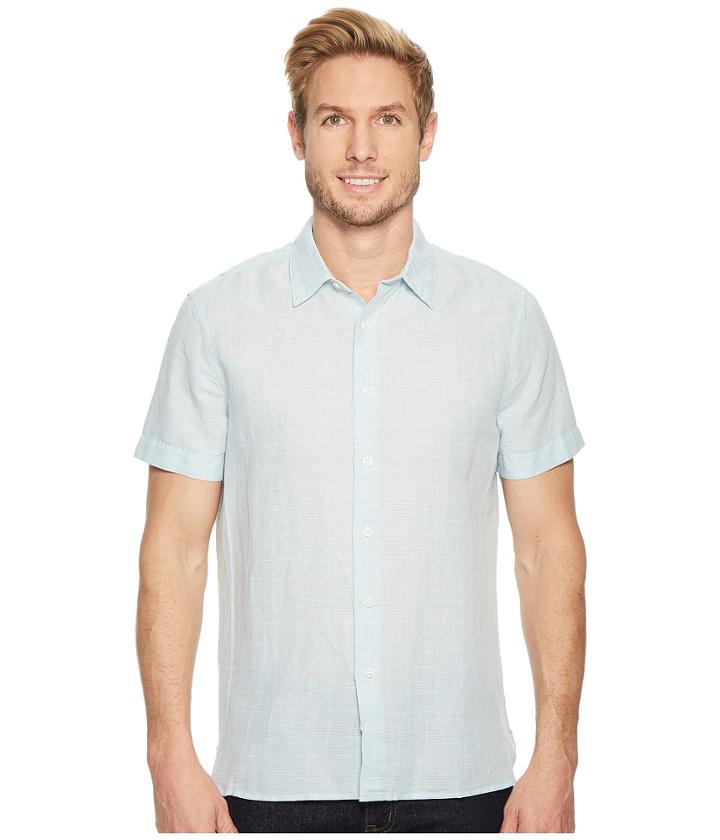 Perry Ellis Glen Plaid Linen Shirt (bright Aqua Sea) Men's Clothing