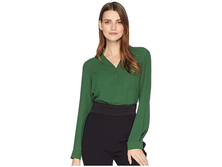 Nine West Long Sleeve Lightweight Crepe Two-pocket Blouse (forest) Women's Blouse