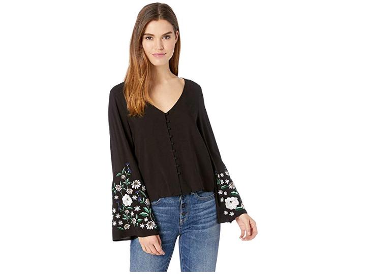 Cupcakes And Cashmere Edita Embroidered Sleeve Top (black) Women's Clothing