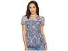 Kensie Chambray Lace Top Ks1k4659 (midnight Navy Combo) Women's Clothing