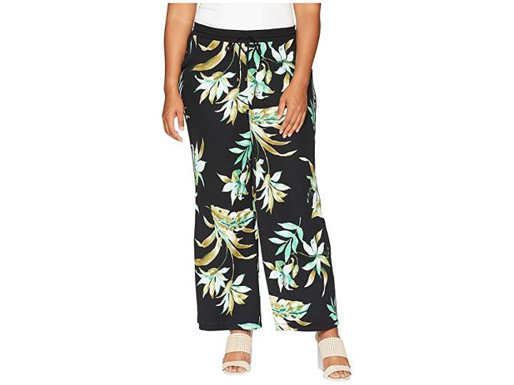Lauren Ralph Lauren Plus Size Tropical-print Wide-leg Pants (black Multi) Women's Casual Pants
