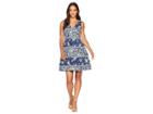 Vince Camuto Printed Scuba Fit And Flare With Double V-neck (blue Multi) Women's Dress